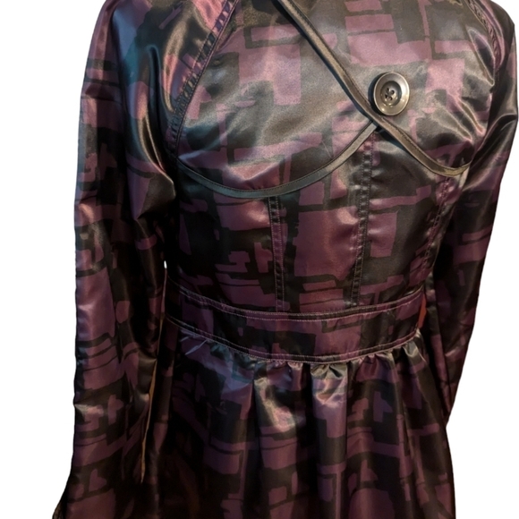 Nick & Mo Anthropology purple/ black satin ruffle collar unique trenchcoat sz S - Picture 6 of 13